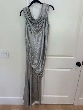 Donna Karan Silver Sequin Draped Maxi Dress